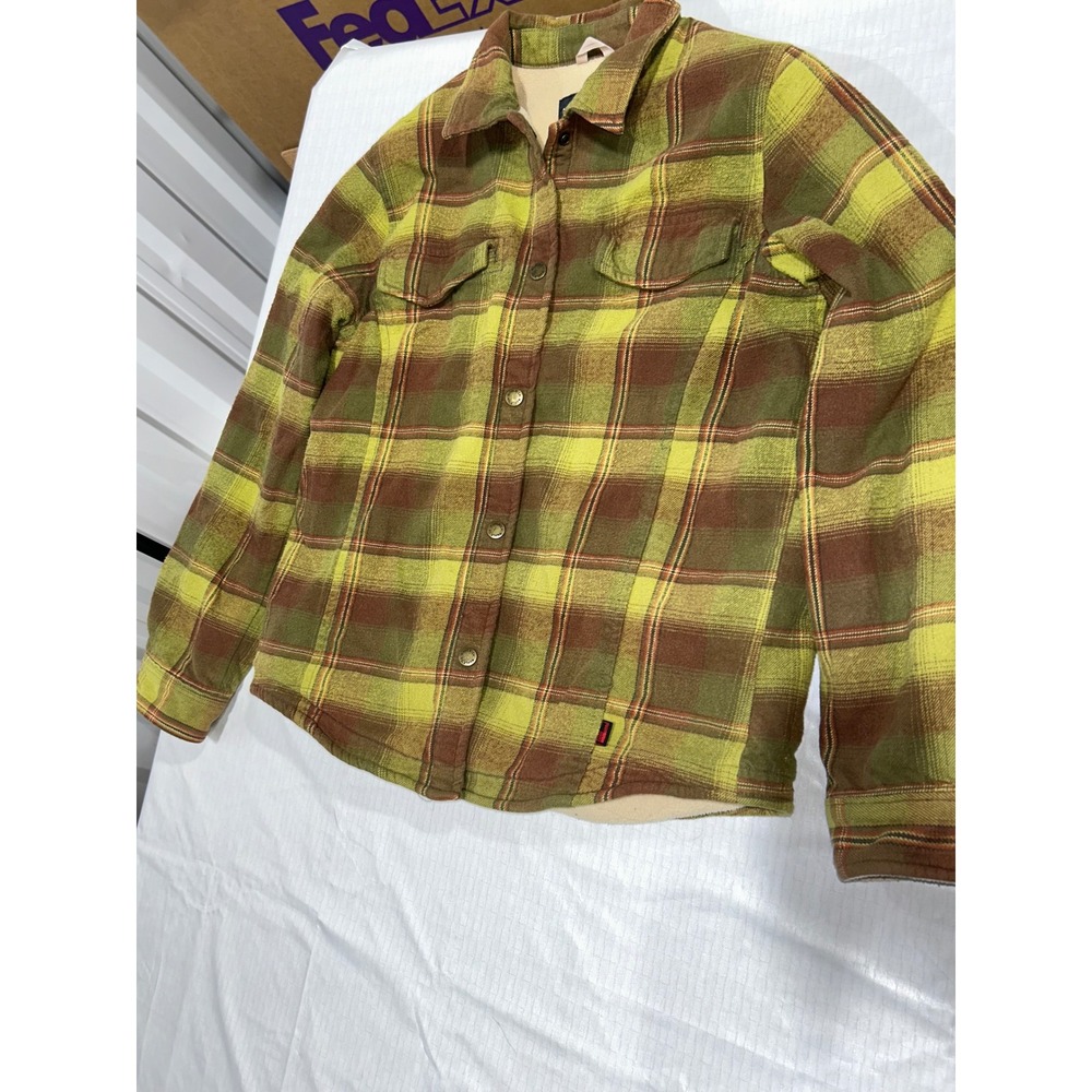 Woolrich Womens Green Plaid Fleece Lined Flannel Shirt Jacket Size M Snap Front